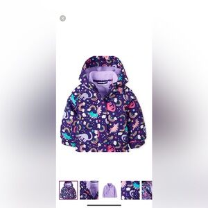 3 in 1 toddler coat in purple with dinosaurs and rainbows
